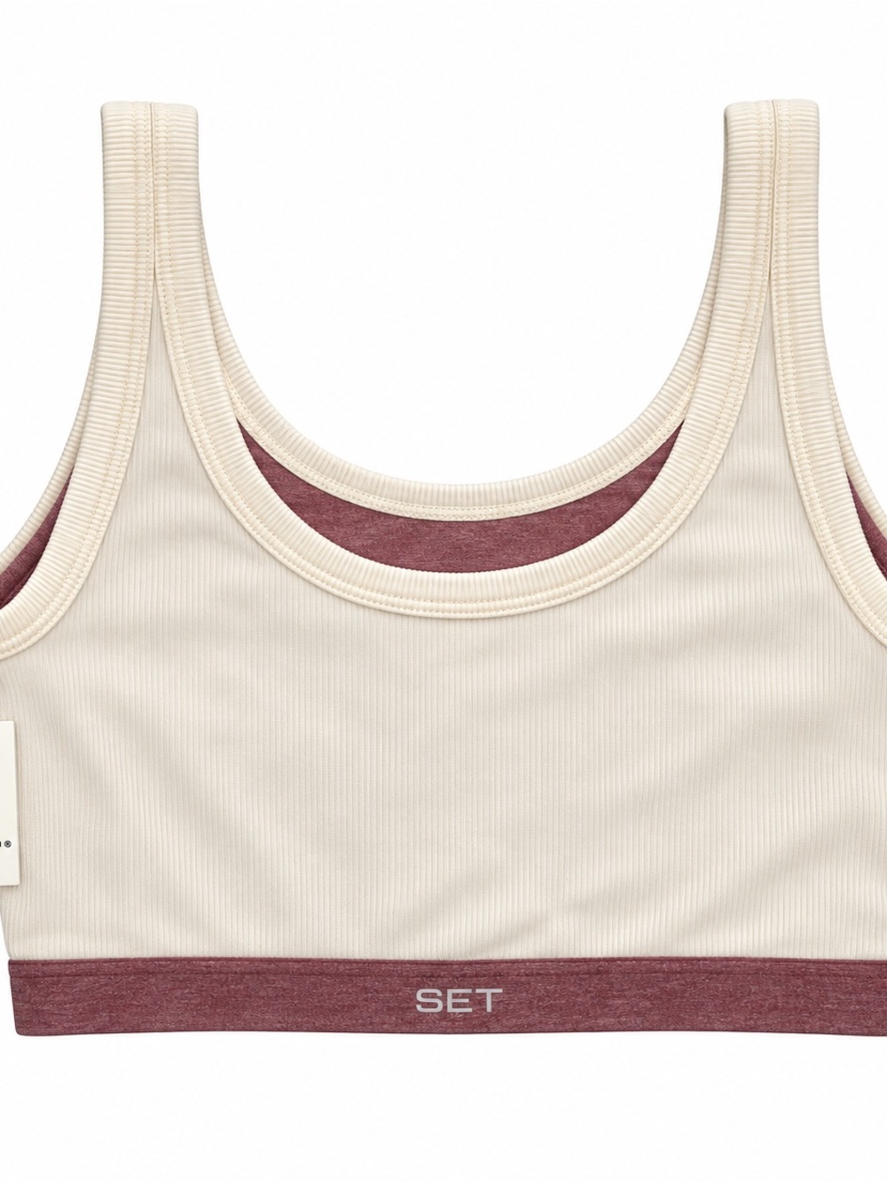 SET Active Cream Ribbed Sports Bralette with Burgundy Contrast Band